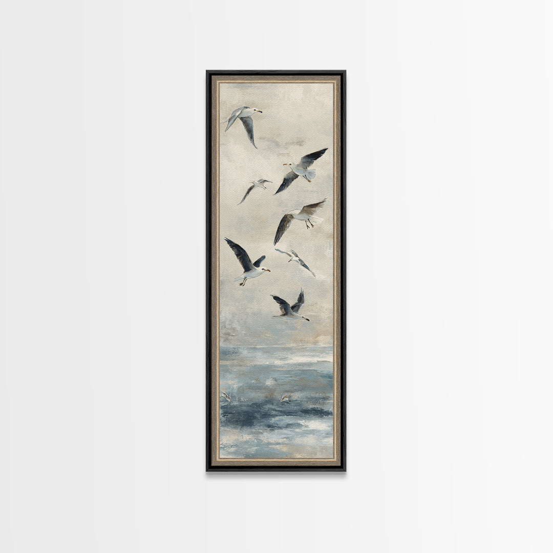 Coastal Gulls Flying Framed Canvas Print, Nautical Art, Textured Painting, Coastal Decor, Fine Art, Harbor, Printable Wall Art, NAU-1x3-29