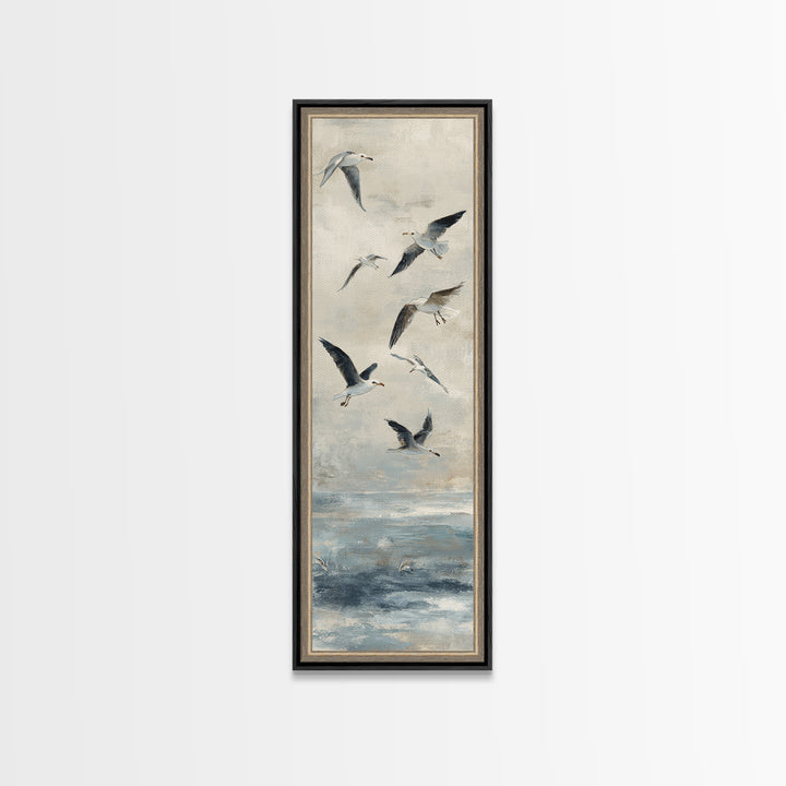 Coastal Gulls Flying Framed Canvas Print, Nautical Art, Textured Painting, Coastal Decor, Fine Art, Harbor, Printable Wall Art, NAU-1x3-29