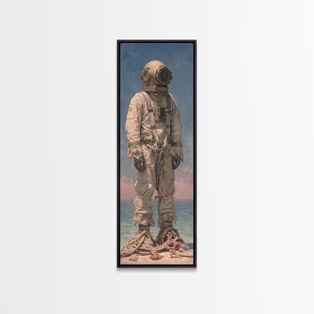 Deep Sea Diver Helmet Still Life Framed Canvas Print, Nautical Art, Ocean Art, Coastal Decor, Oil Painting, Harbor, NAU-1x3-30