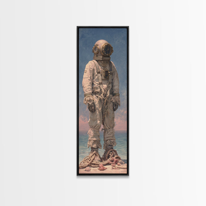 Deep Sea Diver Helmet Still Life Framed Canvas Print, Nautical Art, Ocean Art, Coastal Decor, Oil Painting, Harbor, NAU-1x3-30
