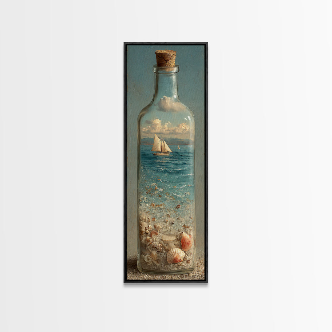 Bottle with Tiny Ship and Ocean Inside Framed Canvas Print, Nautical Art, Oil Painting, Coastal Decor, Fine Art, Harbor, NAU-1x3-52
