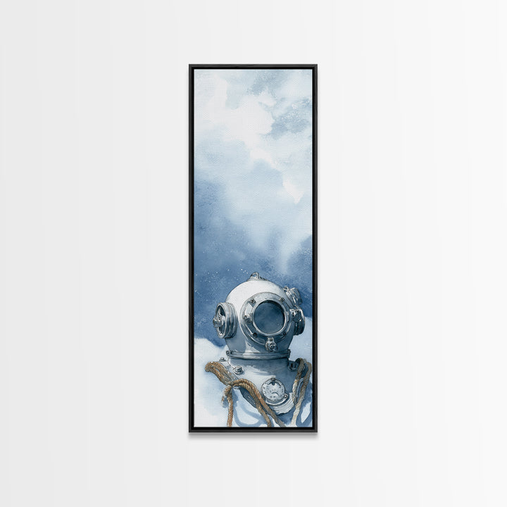 Deep Sea Diver Helmet Still Life Framed Canvas Print, Nautical Art, Ocean Art, Coastal Decor, Oil Painting, Harbor, NAU-1x3-54