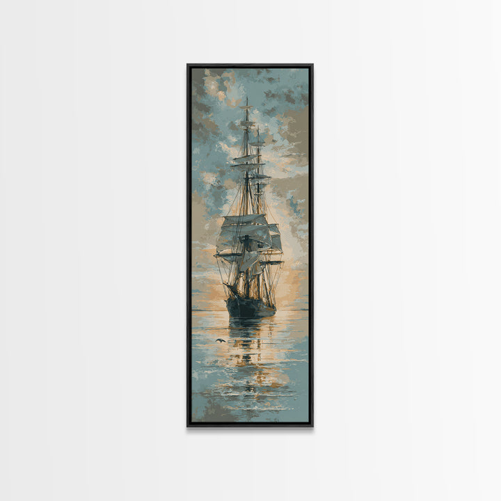 Tall Ship Silhouette at Sunset Canvas Print, Nautical Art, Coastal Wall Art, Coastal Decor, Fine Art, Harbor, Neutral Decor, NAU-1x3-68