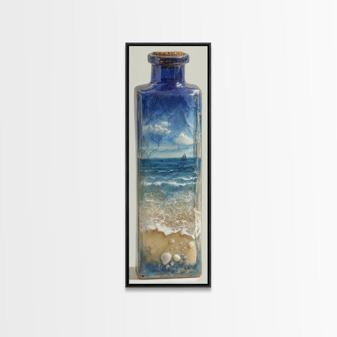 Bottle with Tiny Ship and Ocean Inside Framed Canvas Print, Nautical Art, Coastal Decor, Fine Art, Harbor, Fine Art Print, NAU-1x3-76