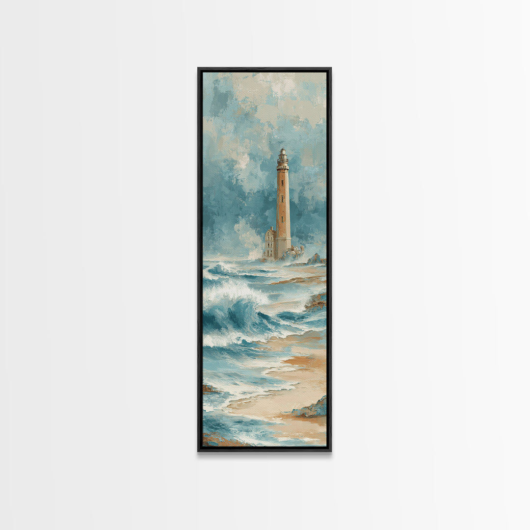 Lighthouse Standing Against Stormy Waves Framed Canvas Print, Nautical Art, Statement Artwork, Coastal Decor, Fine Art, Harbor, NAU-1x3-87