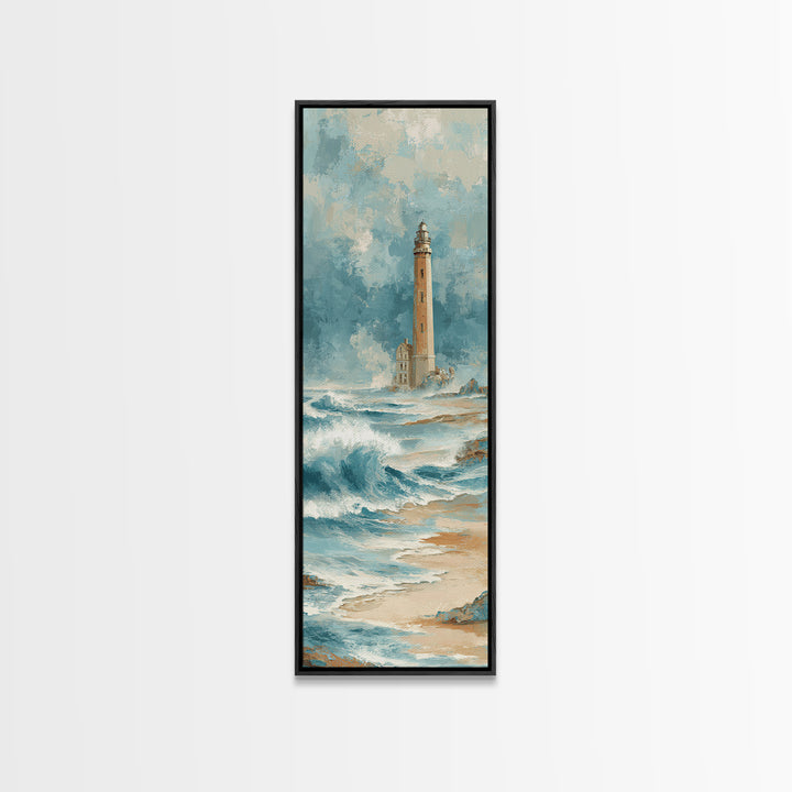 Lighthouse Standing Against Stormy Waves Framed Canvas Print, Nautical Art, Statement Artwork, Coastal Decor, Fine Art, Harbor, NAU-1x3-87