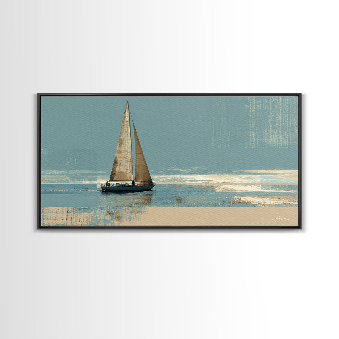 Blueprint Sailboat Technical Drawing Framed Canvas Print, Nautical Art, Statement Artwork, Coastal Decor, Fine Art, Harbor, NAU-2x1-20