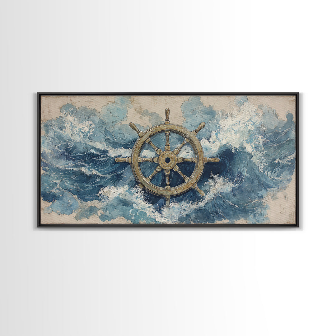 Ship Wheel with Sea Spray Background Framed Canvas Print, Nautical Art, Wall Art, Coastal Decor, Oil Painting, Harbor, NAU-2x1-35