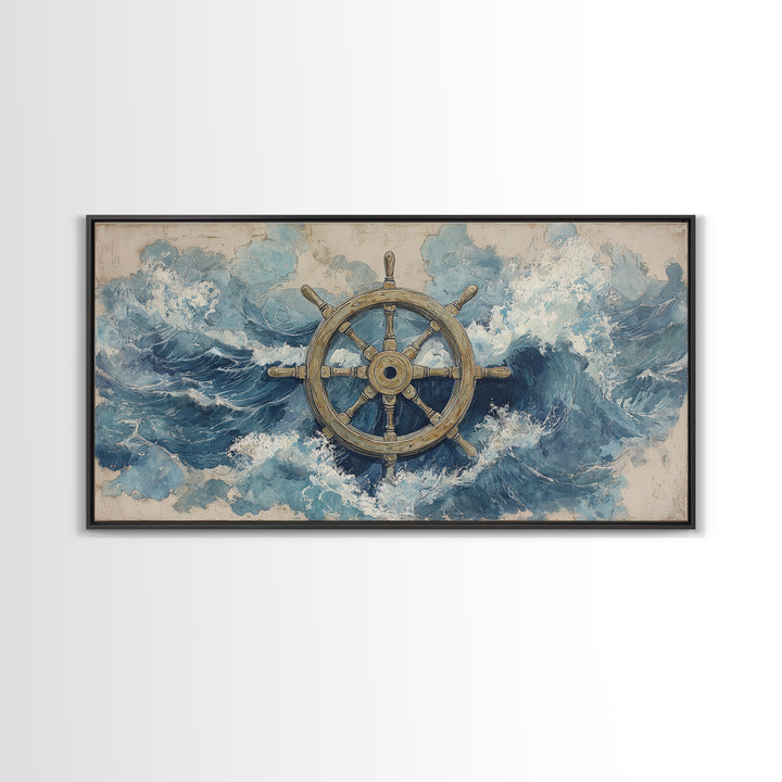 Ship Wheel with Sea Spray Background Framed Canvas Print, Nautical Art, Wall Art, Coastal Decor, Oil Painting, Harbor, NAU-2x1-35