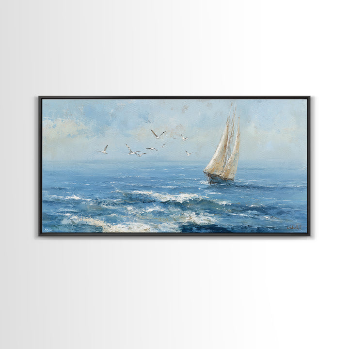 Sailboat Leaning into Wind on Blue Water Framed Canvas Print, Nautical Art, Digital Print, Coastal Decor, Fine Art, Harbor, NAU-2x1-45