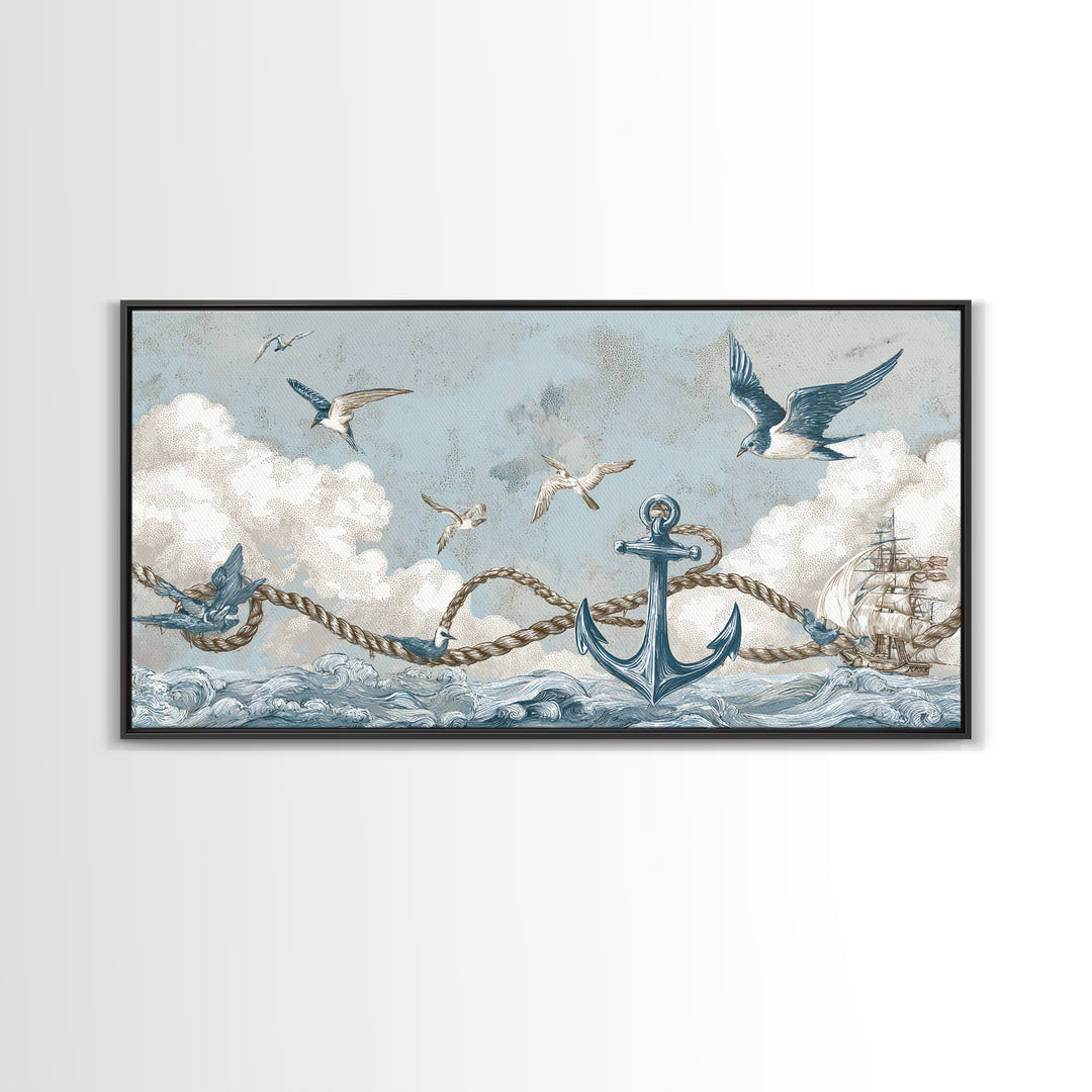 Sailor Tattoo Swallow and Anchor Framed Canvas Print, Nautical Art, Antique Decor, Coastal Decor, Harbor, Downloadable Prints, NAU-2x1-91