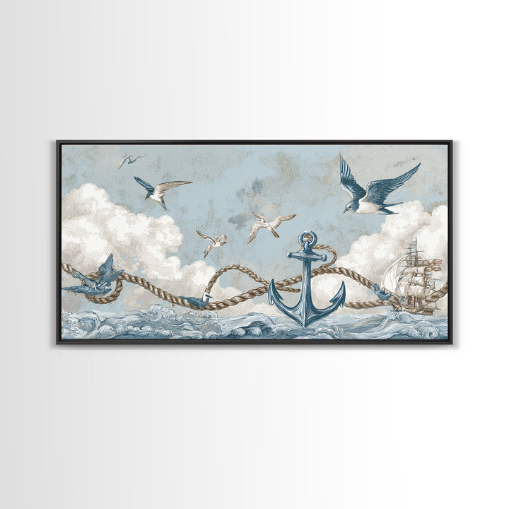Sailor Tattoo Swallow and Anchor Framed Canvas Print, Nautical Art, Antique Decor, Coastal Decor, Harbor, Downloadable Prints, NAU-2x1-91