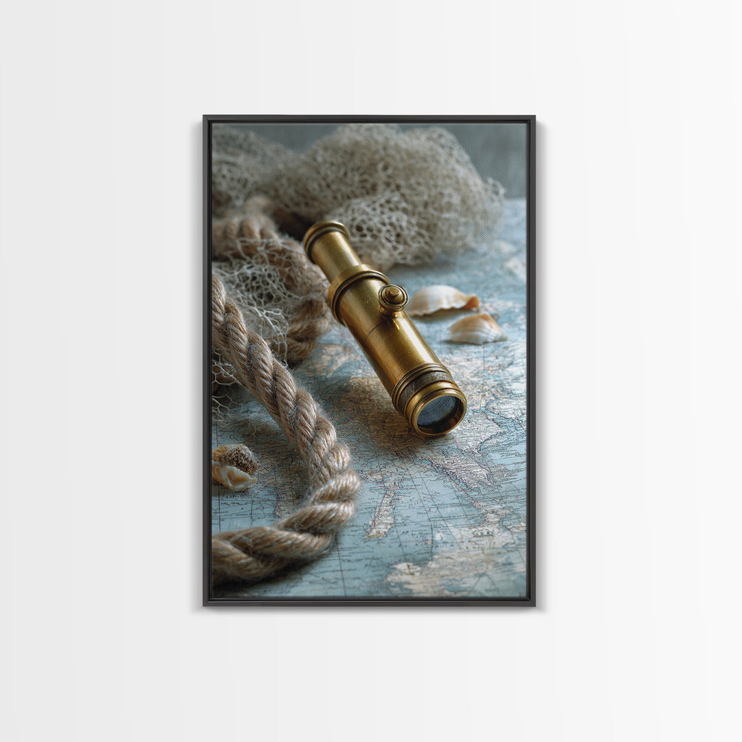 Brass Telescope and Old Map Still Life Canvas Print, Nautical Art, Wall Art, Coastal Decor, Oil Painting, Harbor, Digital Print, NAU-2x3-14