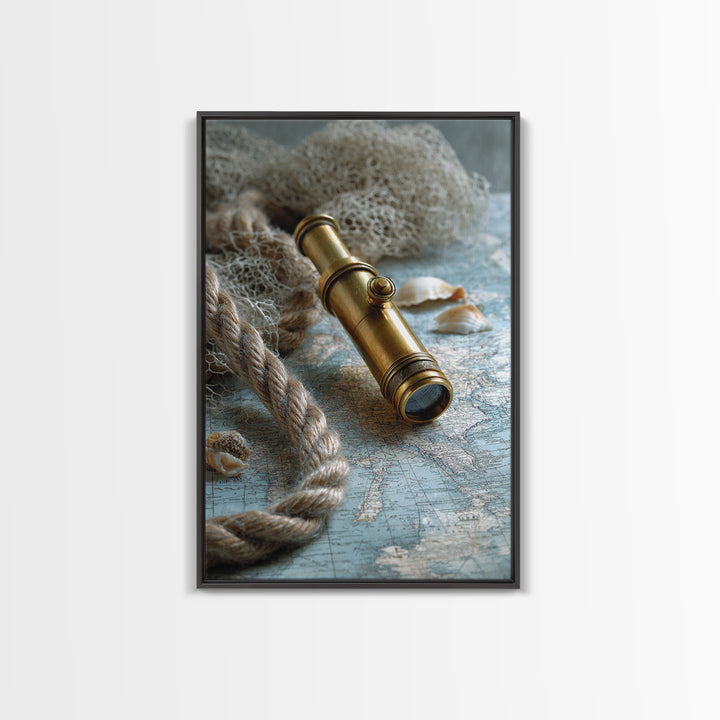 Brass Telescope and Old Map Still Life Canvas Print, Nautical Art, Wall Art, Coastal Decor, Oil Painting, Harbor, Digital Print, NAU-2x3-14