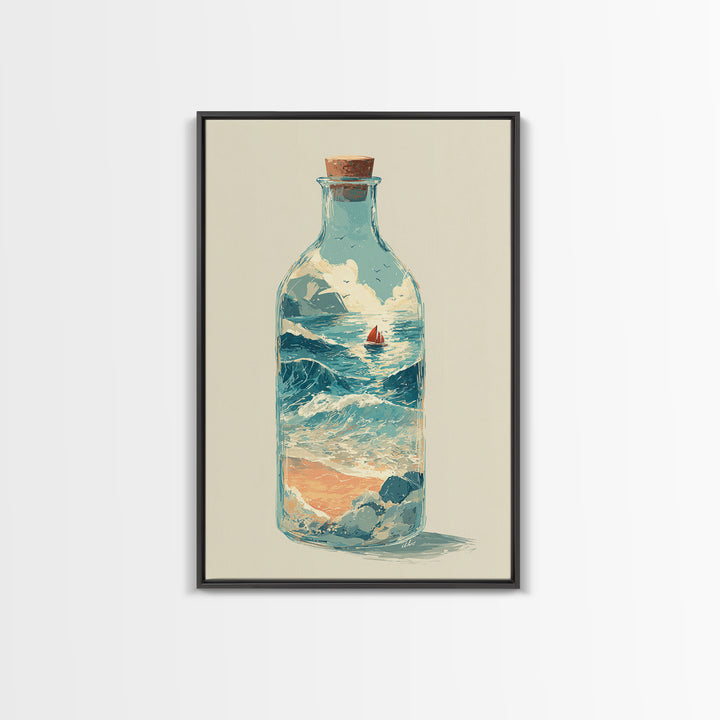 Bottle with Tiny Ship and Ocean Inside Framed Canvas Print, Nautical Art, Modern Decor, Coastal Decor, Fine Art, Harbor, NAU-2x3-24