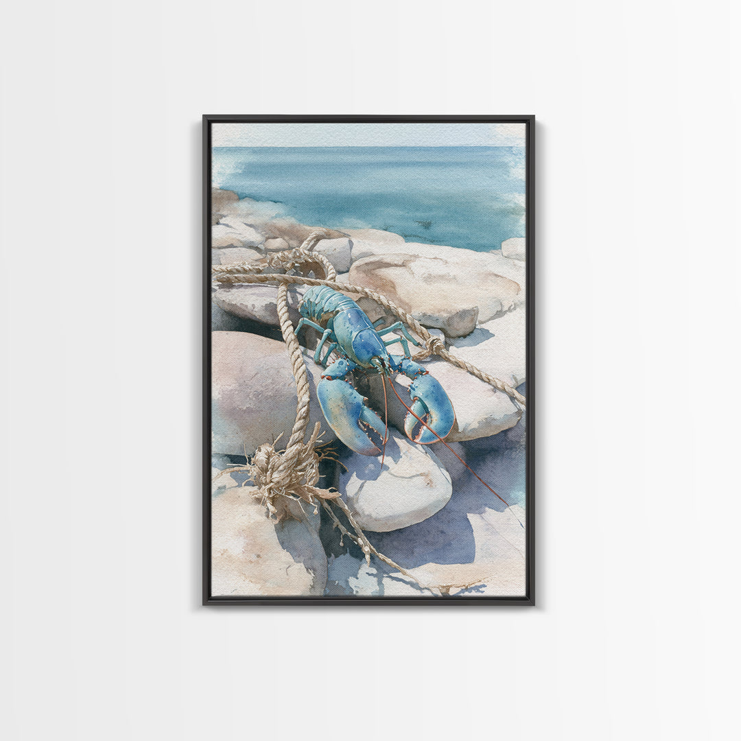 Lobster and Rope Coastal Illustration Framed Canvas Print, Nautical Art, Beach Decor, Coastal Decor, Fine Art, Harbor, NAU-2x3-28