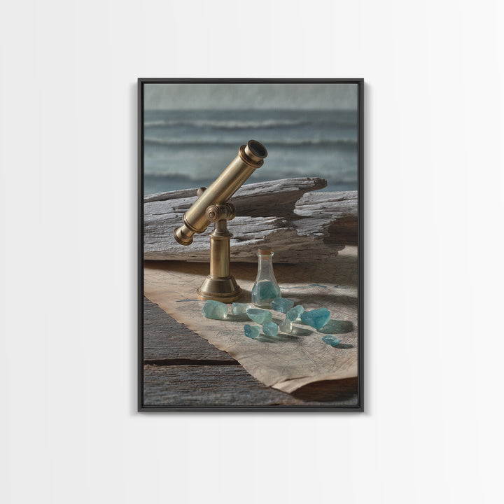 Brass Telescope and Old Map Still Life Framed Canvas Print, Nautical Art, Art Print, Coastal Decor, Fine Art, Harbor, NAU-2x3-38