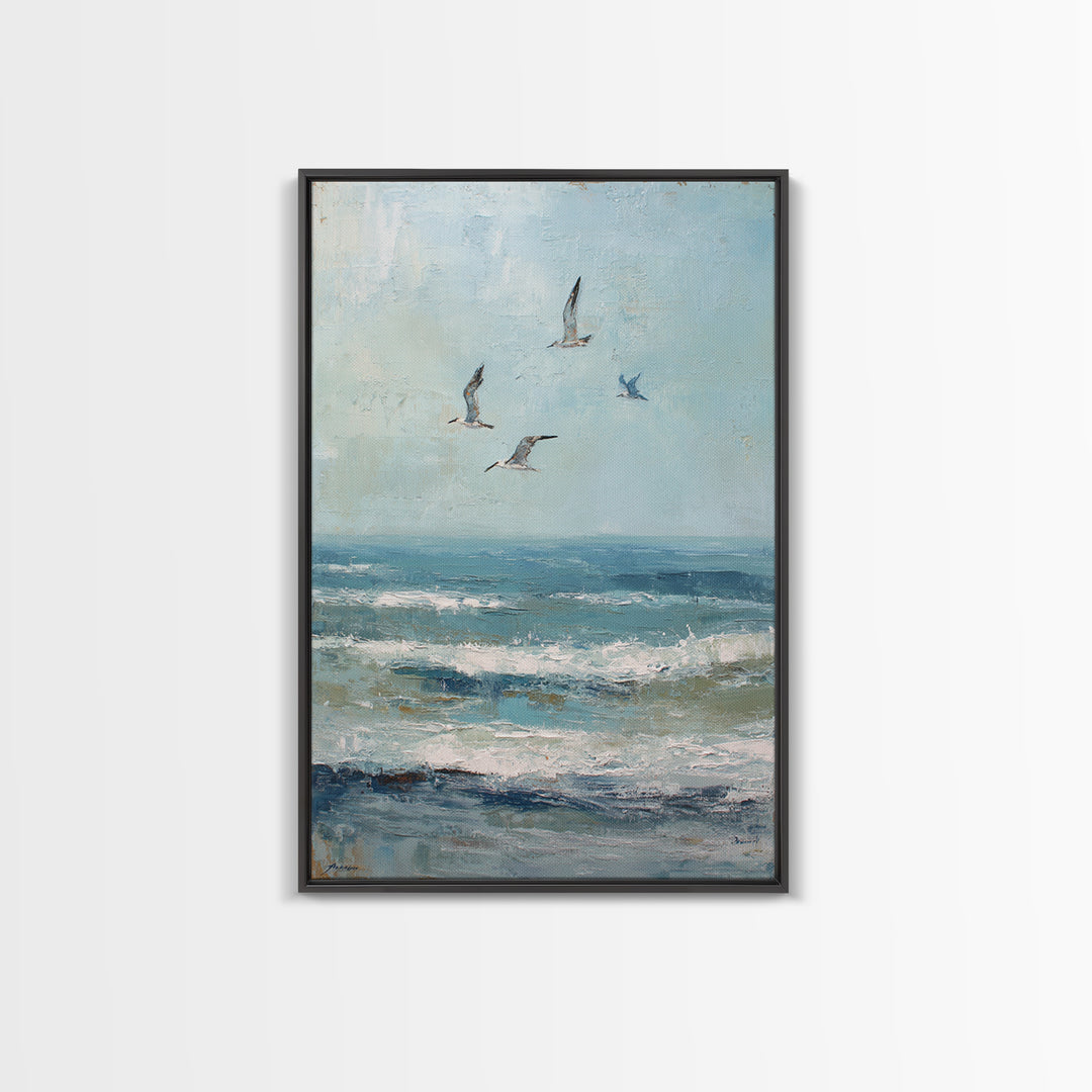 Coastal Gulls Flying Framed Canvas Print, Nautical Art, Coastal Wall Art, Coastal Decor, Fine Art, Harbor, Neutral Decor, NAU-2x3-97