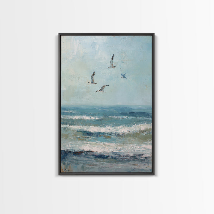 Coastal Gulls Flying Framed Canvas Print, Nautical Art, Coastal Wall Art, Coastal Decor, Fine Art, Harbor, Neutral Decor, NAU-2x3-97