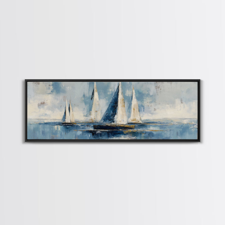 Sailboat Leaning into Wind on Blue Water Framed Canvas Print, Nautical Art, Coastal Art, Coastal Decor, Fine Art, Harbor, NAU-3x1-17