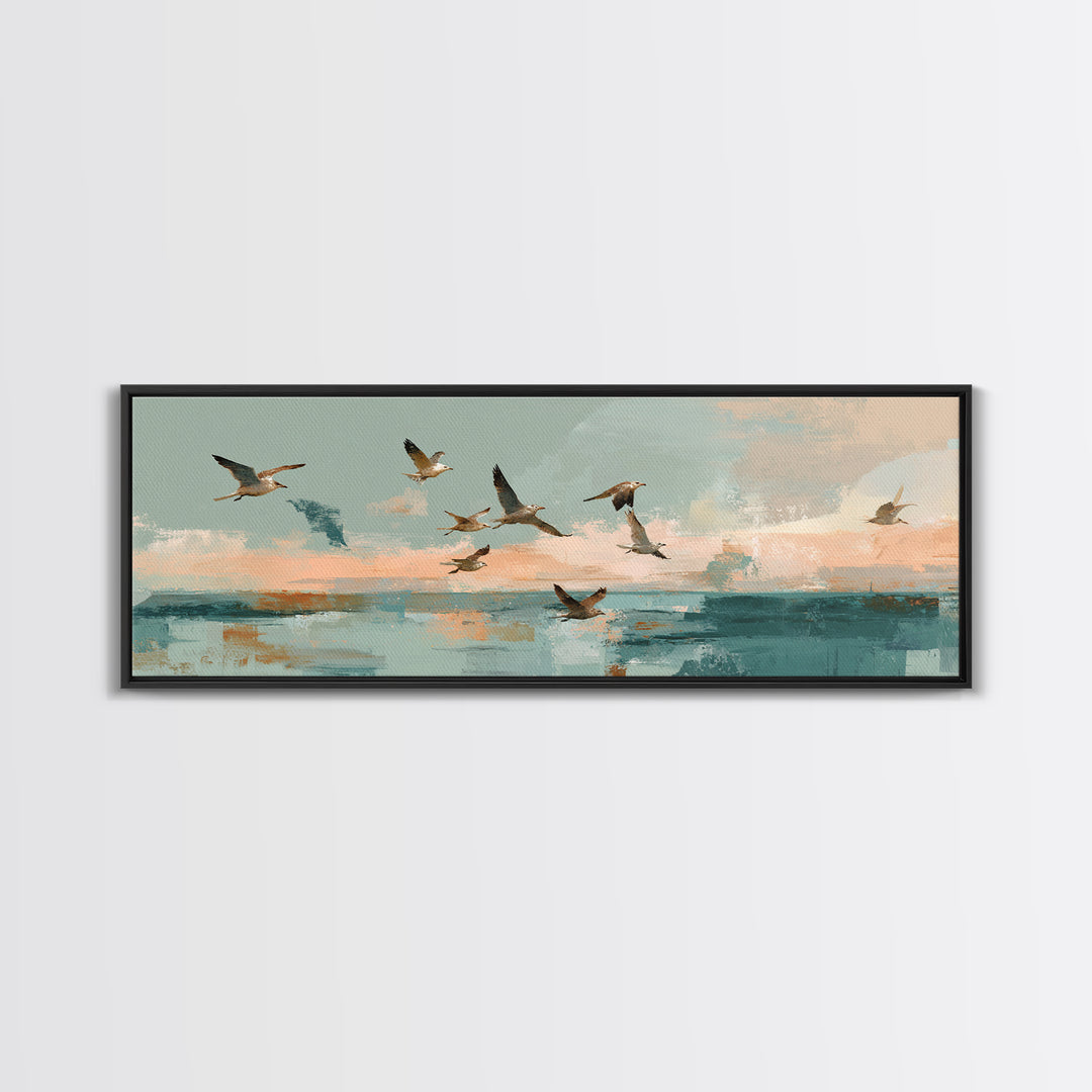 Coastal Gulls Flying Canvas Print, Nautical Art, Beach Decor, Coastal Decor, Fine Art, Harbor, Statement Artwork, Boho Decor, NAU-3x1-33