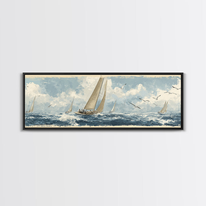 Classic Yacht Racing Through Whitecaps Canvas Print, Nautical Art, Minimalist Decor, Coastal Decor, Fine Art, Harbor, NAU-3x1-35