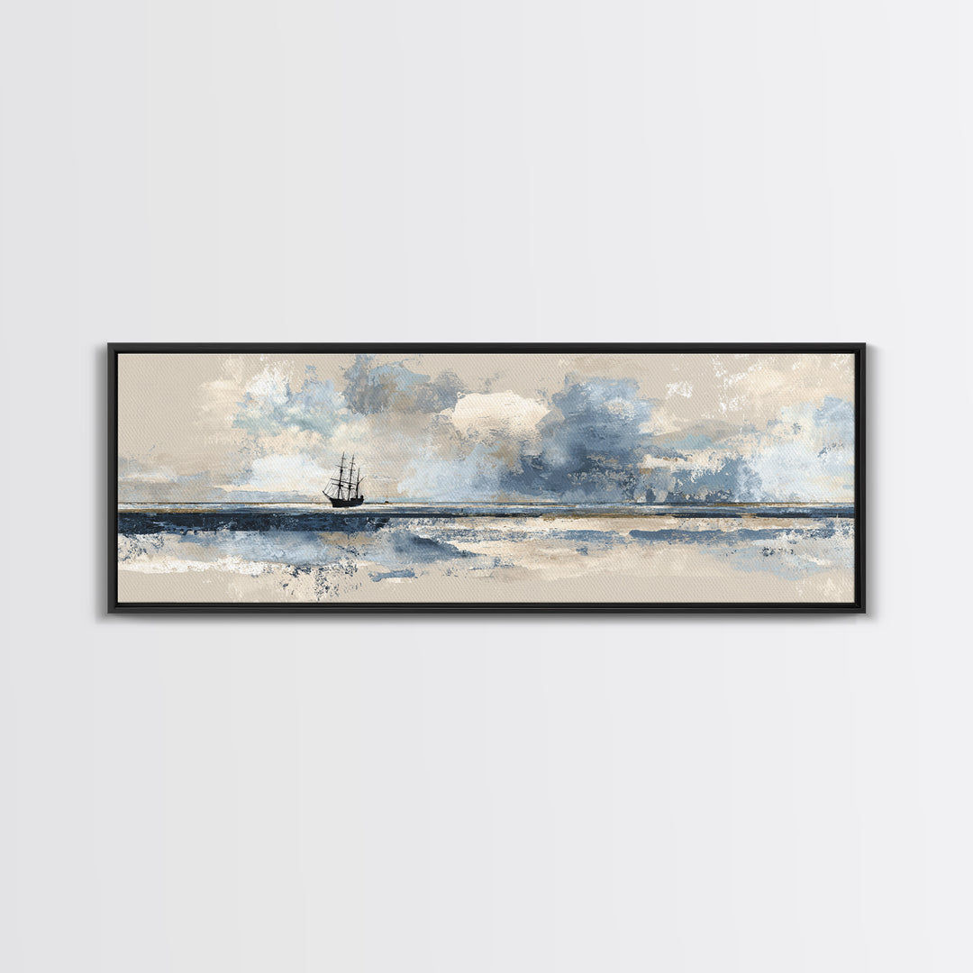 Tall Ship Silhouette at Sunset Canvas Print, Nautical Art, Textured Painting, Coastal Decor, Fine Art, Harbor, NAU-3x1-48