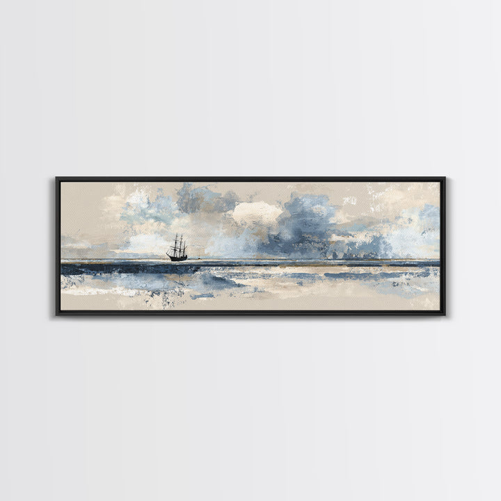 Tall Ship Silhouette at Sunset Canvas Print, Nautical Art, Textured Painting, Coastal Decor, Fine Art, Harbor, NAU-3x1-48