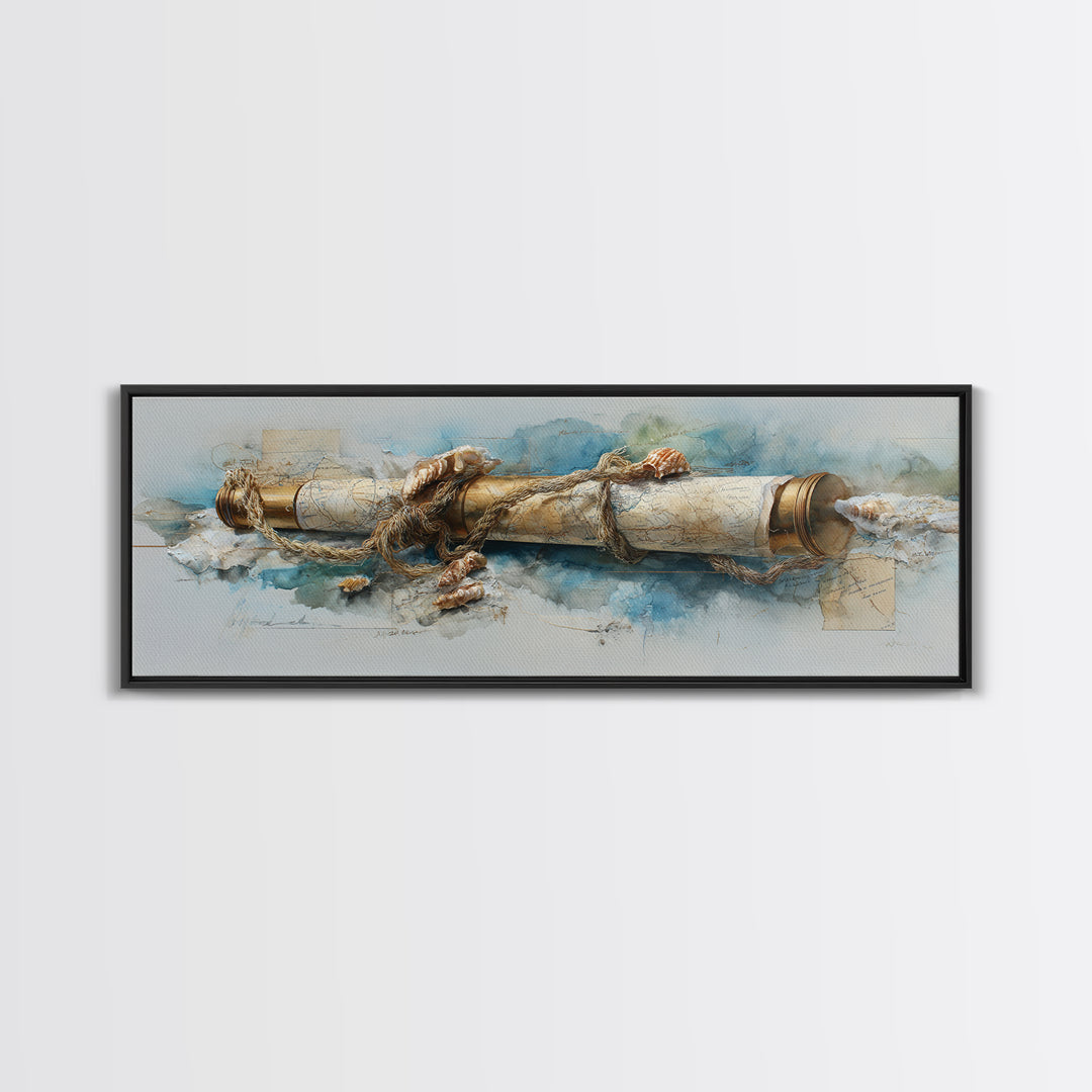 Brass Telescope and Old Map Still Life Canvas Print, Nautical Art, Wall Art, Coastal Decor, Oil Painting, Harbor, Digital Print, NAU-3x1-70