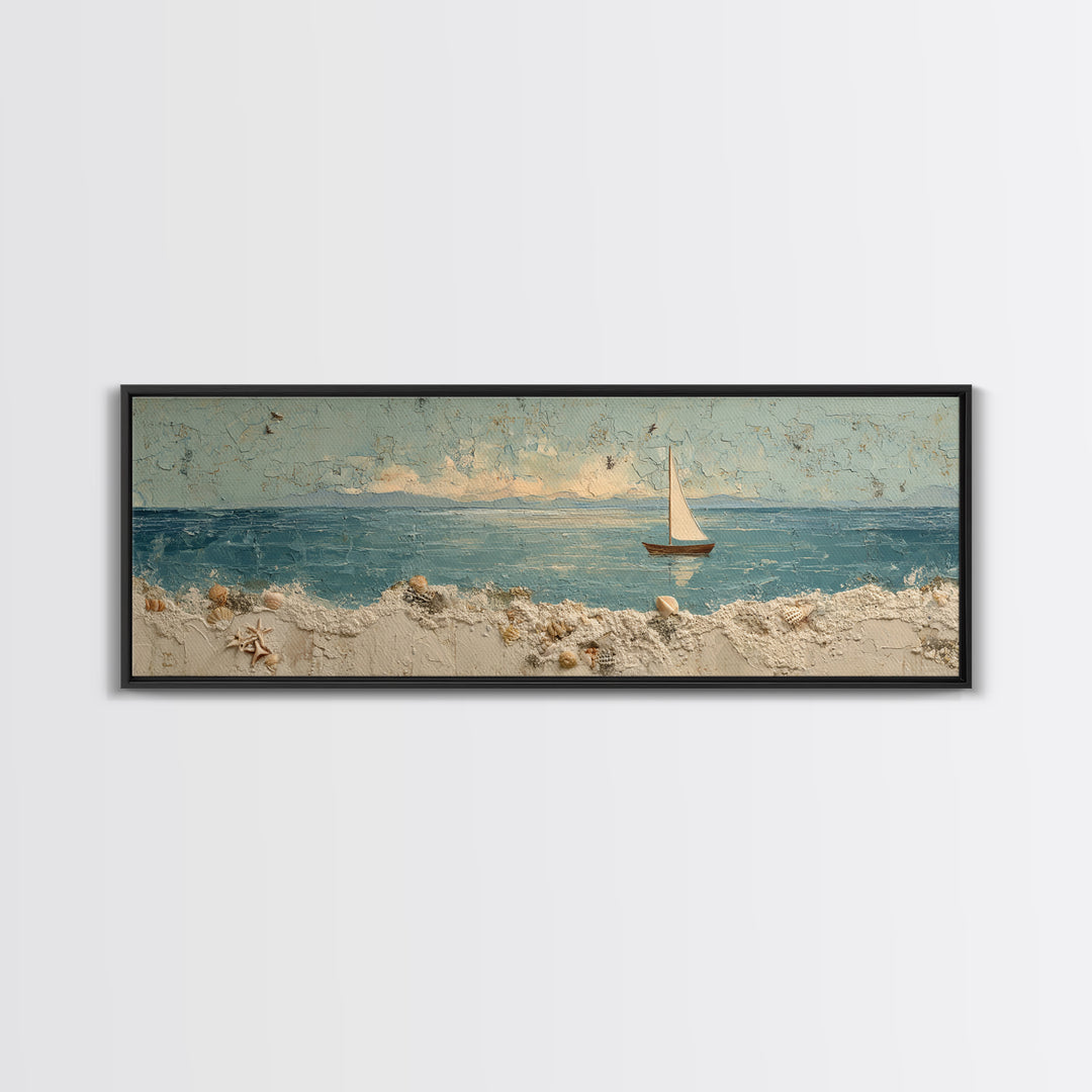 Whale Tail Beside Small Sailboat Framed Canvas Print, Nautical Art, Coastal Decor, Oil Painting, Harbor, Fine Art Print, NAU-3x1-74