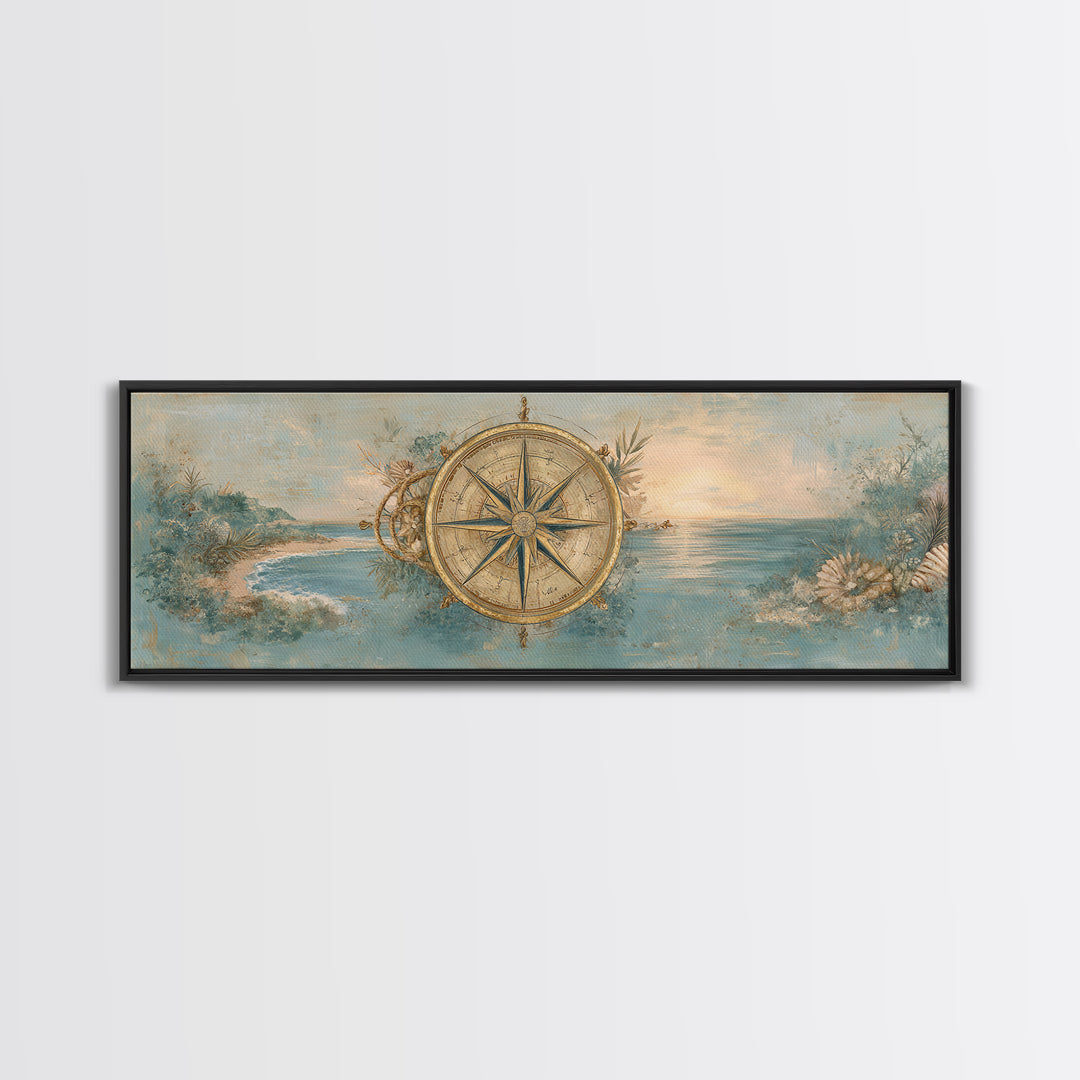 Antique Compass with Rope and Shells Framed Canvas Print, Nautical Art, Beach Print, Coastal Decor, Fine Art, Harbor, NAU-3x1-90