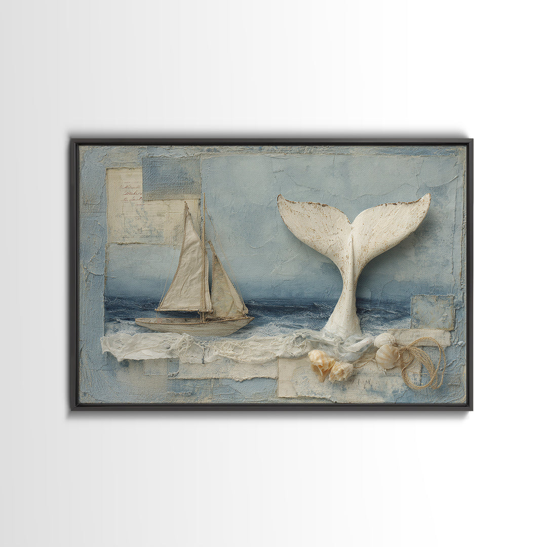 Whale Tail Beside Small Sailboat Framed Canvas Print, Nautical Art, Digital Print, Coastal Decor, Fine Art, Harbor, Beach Print, NAU-3x2-14