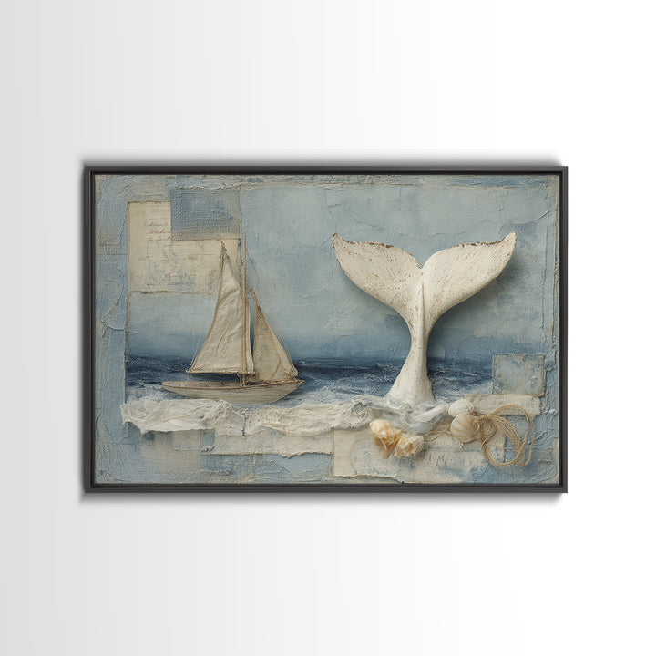 Whale Tail Beside Small Sailboat Framed Canvas Print, Nautical Art, Digital Print, Coastal Decor, Fine Art, Harbor, Beach Print, NAU-3x2-14