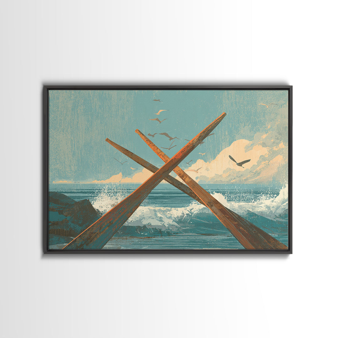 Weathered Oars Crossed Framed Canvas Print, Nautical Art, Coastal Wall Art, Coastal Decor, Fine Art, Harbor, Neutral Decor, NAU-3x2-15