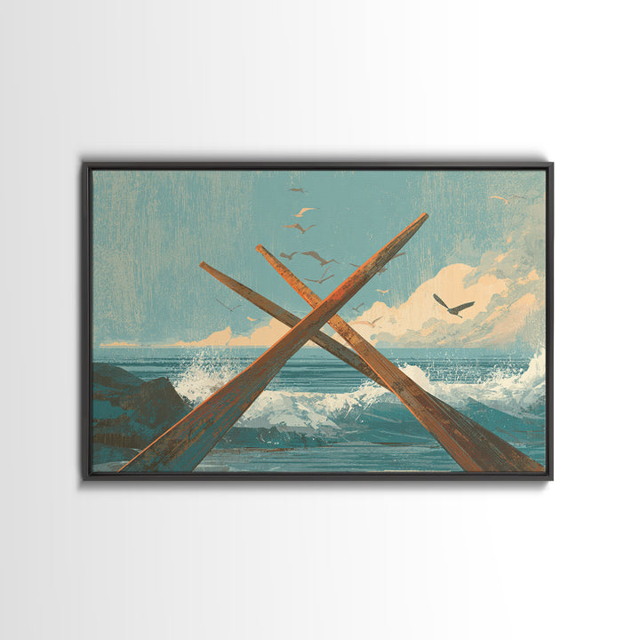 Weathered Oars Crossed Framed Canvas Print, Nautical Art, Coastal Wall Art, Coastal Decor, Fine Art, Harbor, Neutral Decor, NAU-3x2-15
