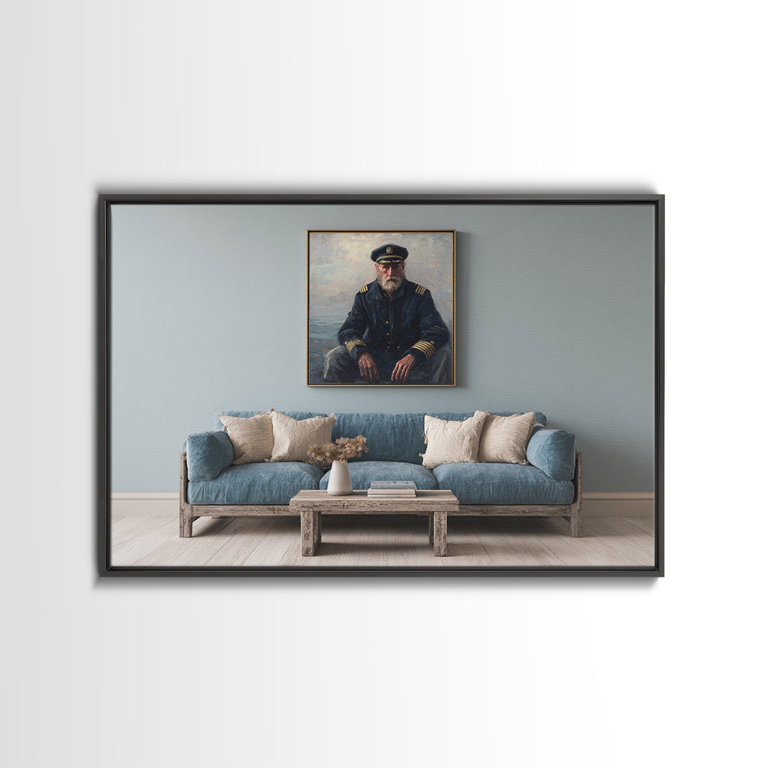 Sea Captain Portrait Framed Canvas Print, Nautical Art, Room Decor, Coastal Decor, Oil Painting, Harbor, Printable, NAU-3x2-35