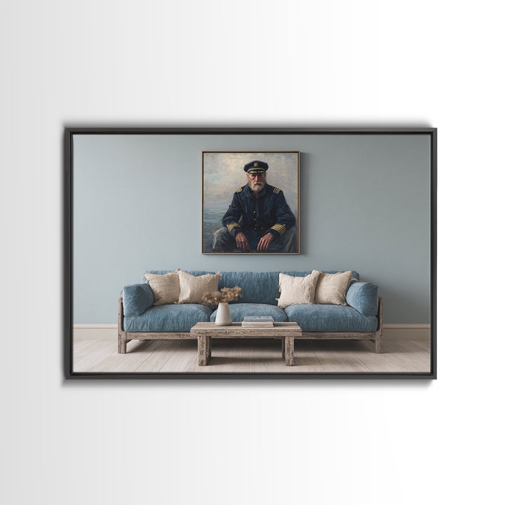 Sea Captain Portrait Framed Canvas Print, Nautical Art, Room Decor, Coastal Decor, Oil Painting, Harbor, Printable, NAU-3x2-35