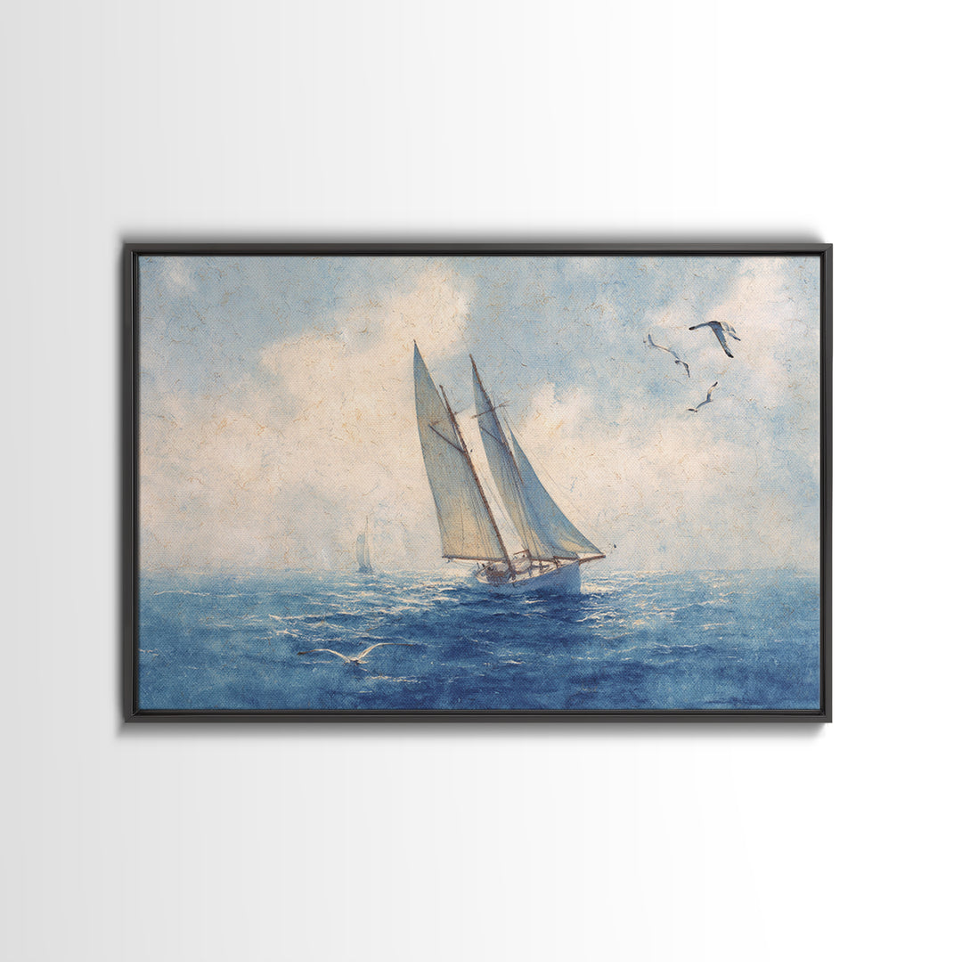 Sailboat Leaning into Wind on Blue Water Framed Canvas Print, Nautical Art, Room Decor, Coastal Decor, Fine Art, Harbor, NAU-3x2-77