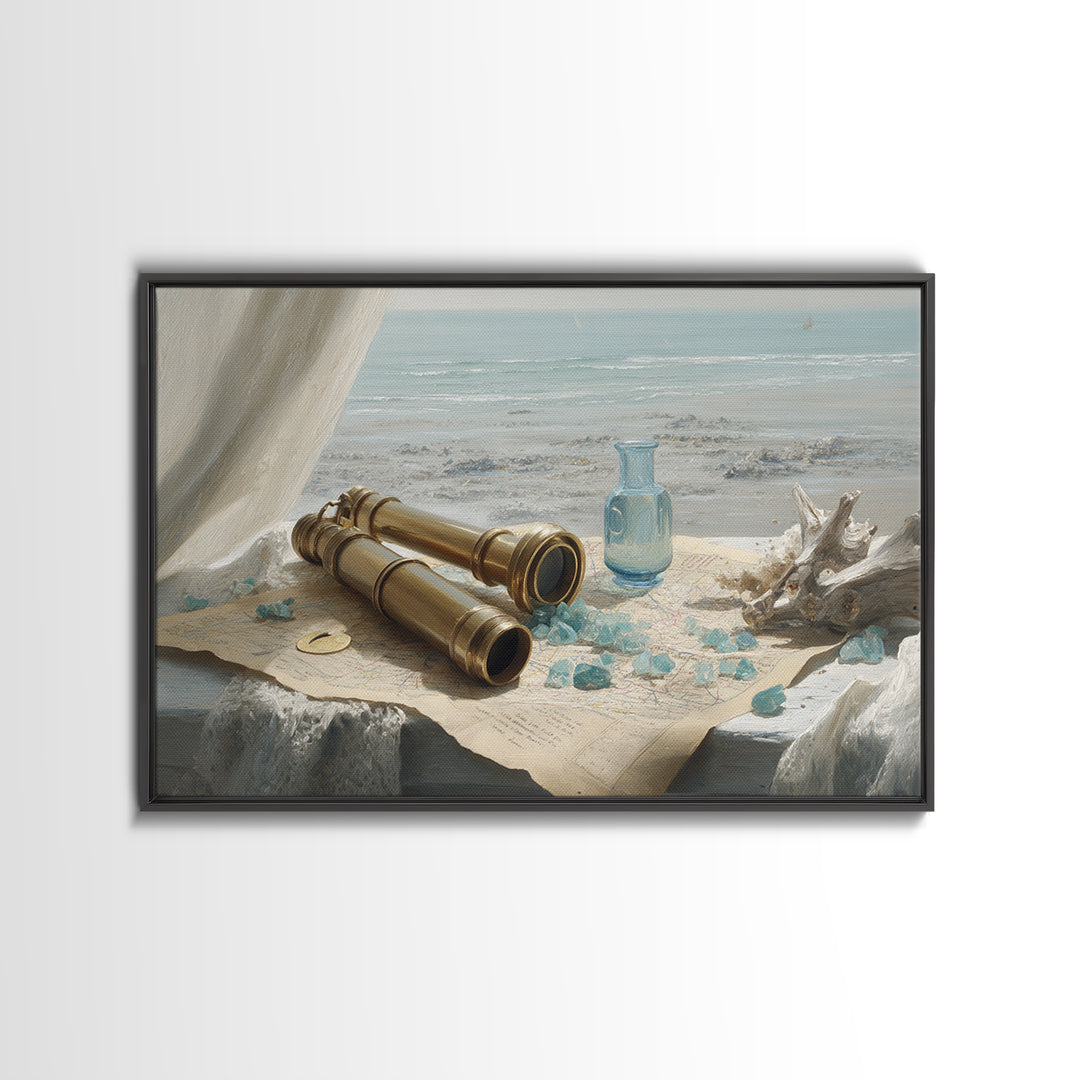 Brass Telescope and Old Map Still Life Framed Canvas Print, Nautical Art, Ocean Art, Coastal Decor, Oil Painting, Harbor, NAU-3x2-82