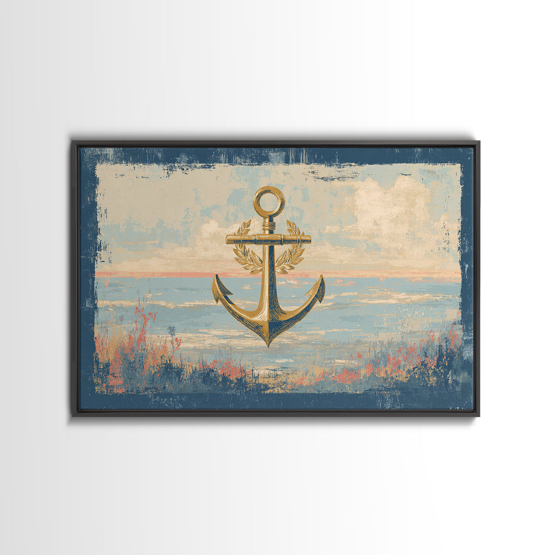 Anchor and Laurel Nautical Crest Without Text Framed Canvas Print, Nautical Art, Beach Decor, Coastal Decor, Fine Art, Harbor, NAU-3x2-9
