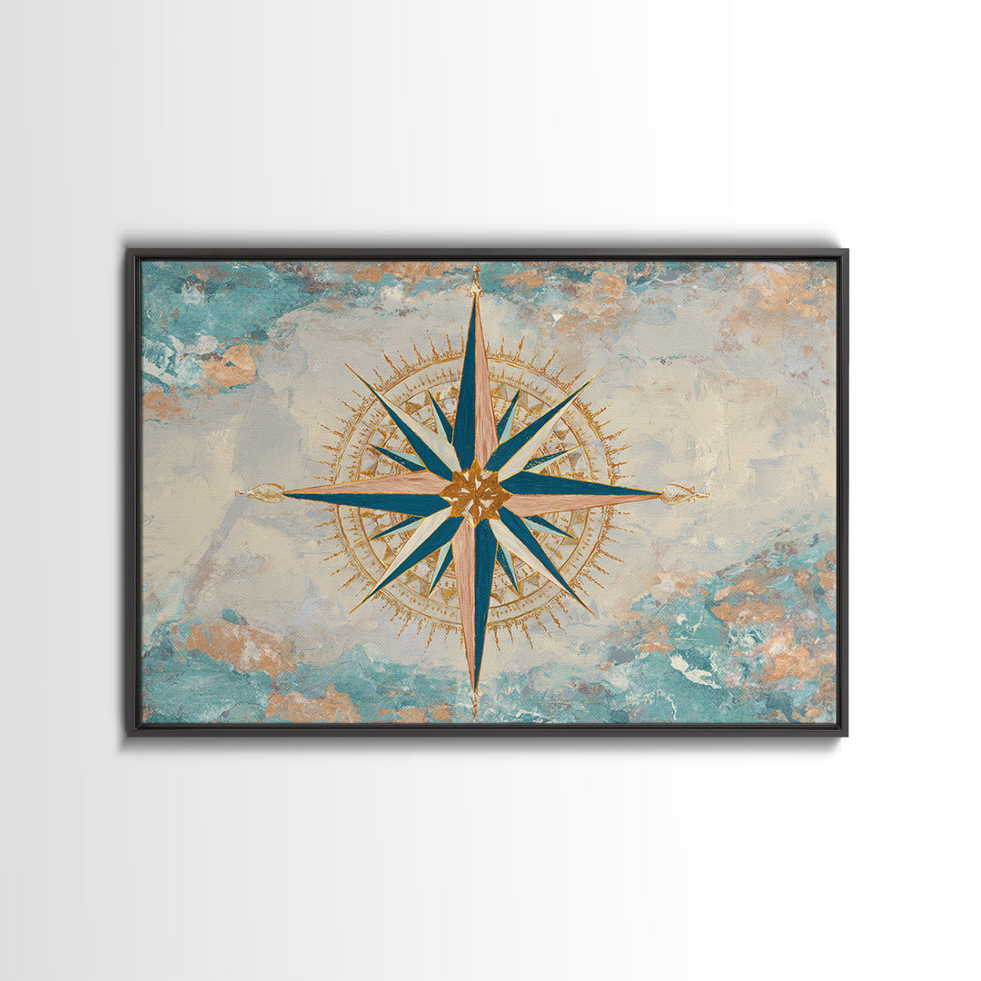 Nautical Star Compass Rose Framed Canvas Print, Nautical Art, Beach Print, Coastal Decor, Fine Art, Harbor, Luxury Decor, NAU-3x2-90
