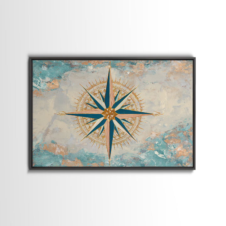 Nautical Star Compass Rose Framed Canvas Print, Nautical Art, Beach Print, Coastal Decor, Fine Art, Harbor, Luxury Decor, NAU-3x2-90
