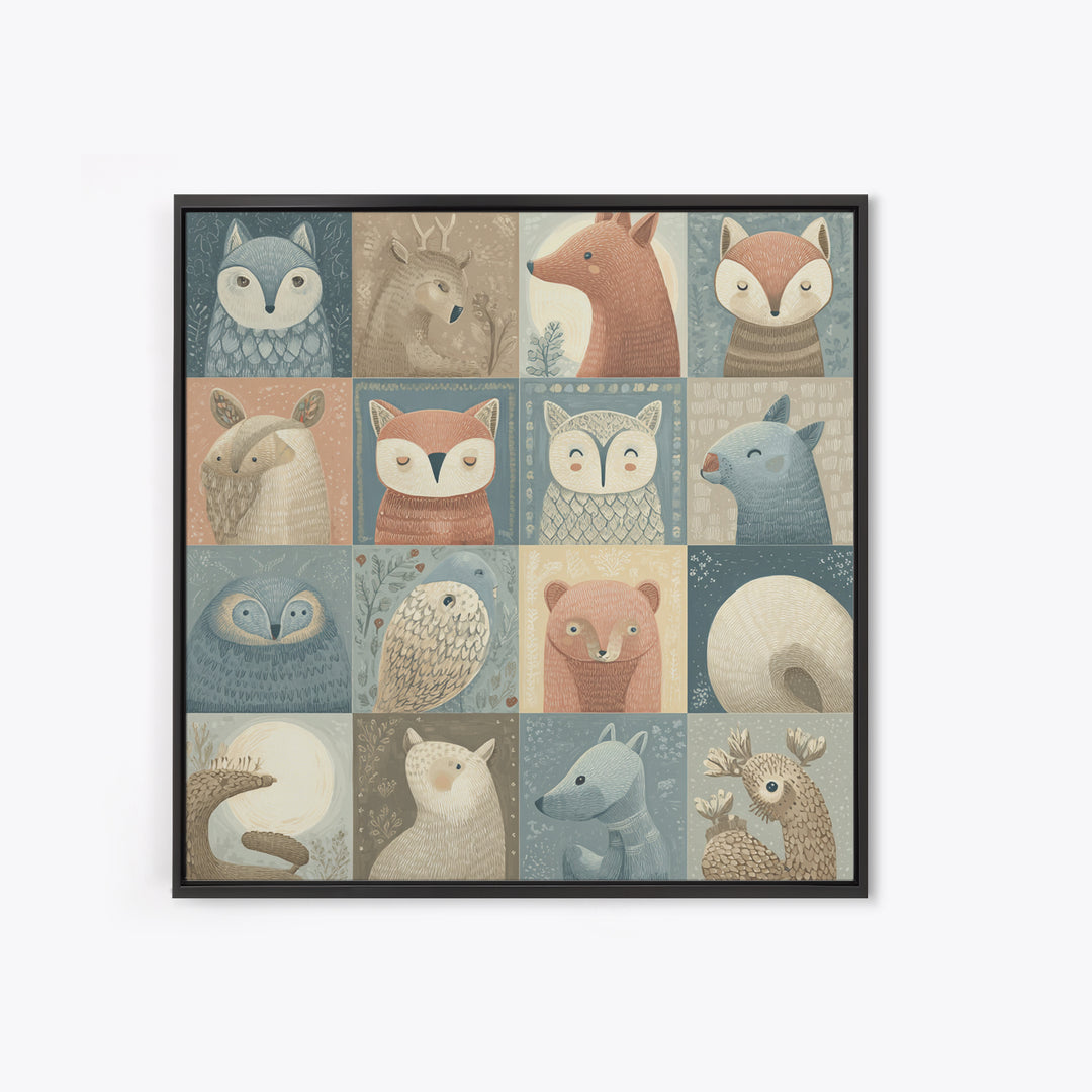 Woodland Animal Parade Framed Canvas Print, Nursery Decor, Wall Light, Fine Art, Nursery, Statement Artwork, Boho Decor, NDE-1x1-2