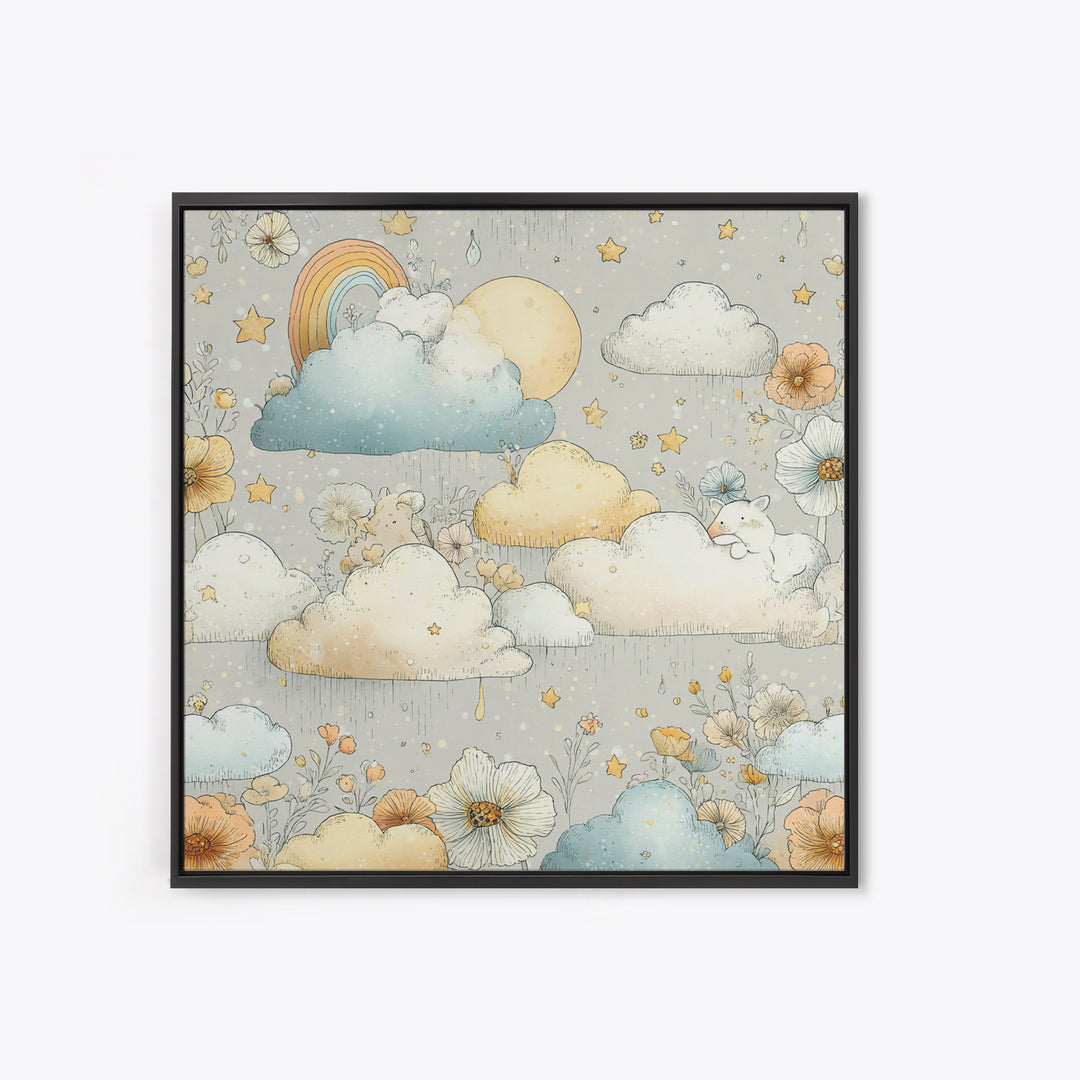 Cloud Rainbow and Raindrop Composition Canvas Print, Nursery Decor, Canvas, Fine Art, Nursery, Playroom Decor, Floral Wall Art, NDE-1x1-20