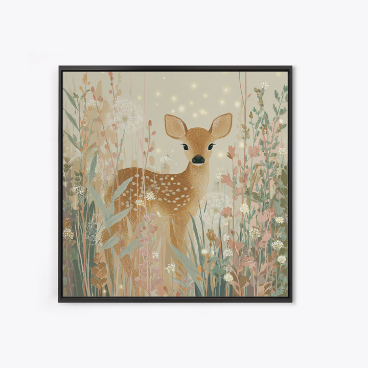 Baby Deer in Meadow with Fireflies Canvas Print, Nursery Decor, Floral Wallpaper, Nursery, Fine Art Print, Statement Artwork, NDE-1x1-22