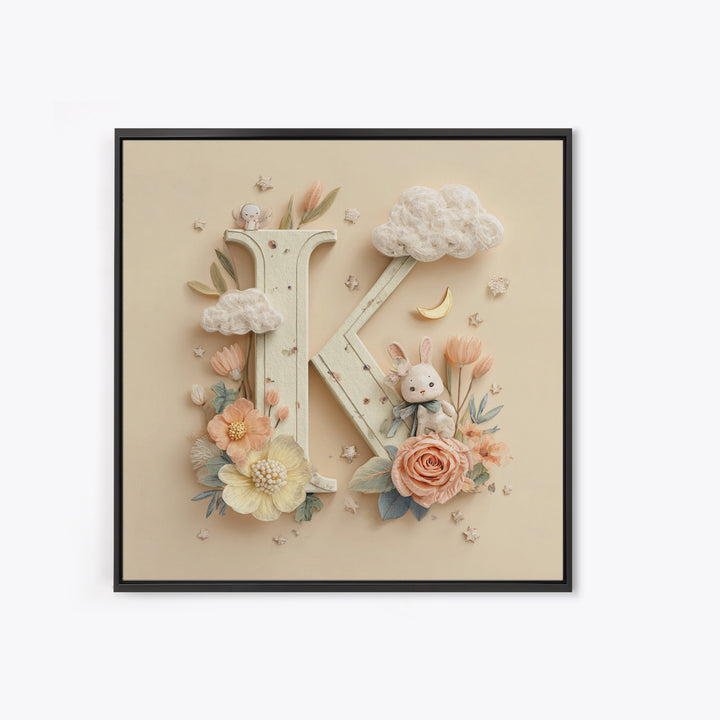 Soft Floral Initial Frame Without Letters Framed Canvas Print, Nursery Decor, Boy Nursery Decor, Fine Art, Nursery, NDE-1x1-34