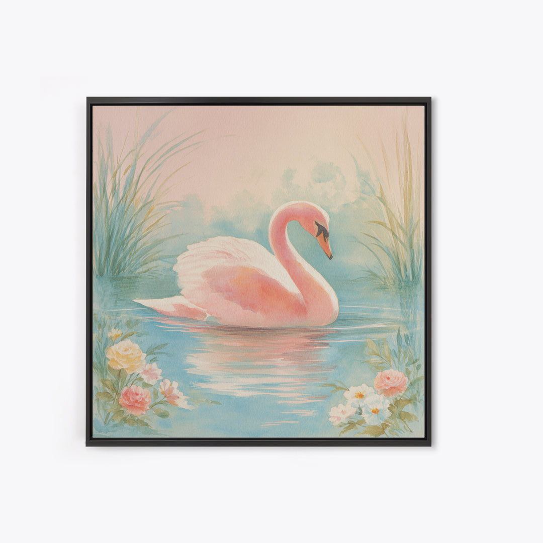 Pink Swan on Calm Pond Framed Canvas Print, Nursery Decor, Boho Decor, Oil Painting, Nursery, Nursery Wall Art, Framed Wall Art, NDE-1x1-37