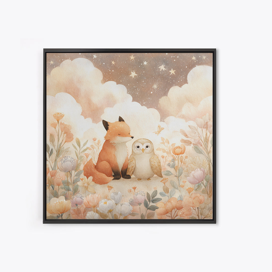 Fox and Owl Friends Framed Canvas Print, Nursery Decor, Gallery Decor, Fine Art, Nursery, Wall Art, Home Decor, Wall Decor, NDE-1x1-38