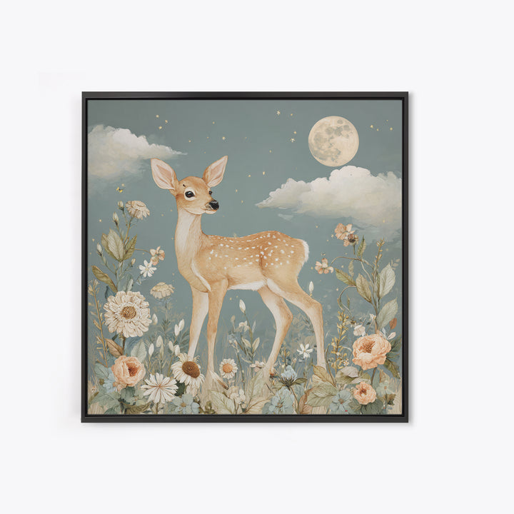 Baby Deer in Meadow with Fireflies Framed Canvas Print, Nursery Decor, Nursery Wall Decals, Oil Painting, Nursery, NDE-1x1-46