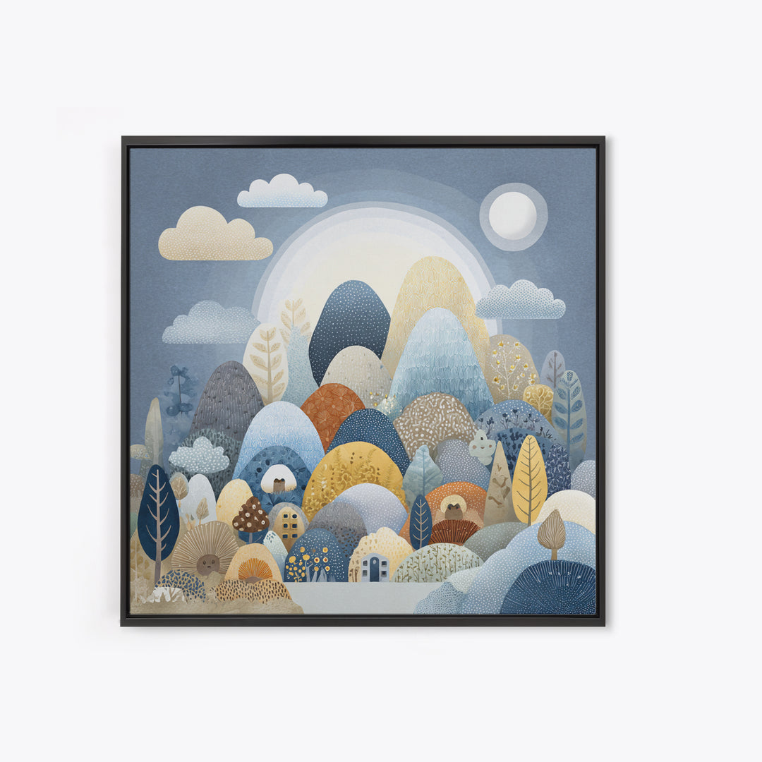 Calm Mountain Nursery Landscape Framed Canvas Print, Nursery Decor, Art Print, Oil Painting, Nursery, Woodland Nursery Decor, NDE-1x1-48